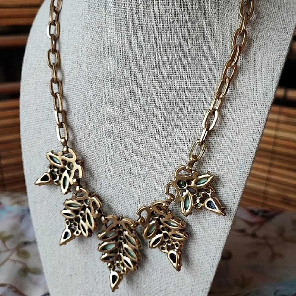 J. Crew Brass Tone Clear Navy Mint Pistachio Stones Statement Necklace Vintage